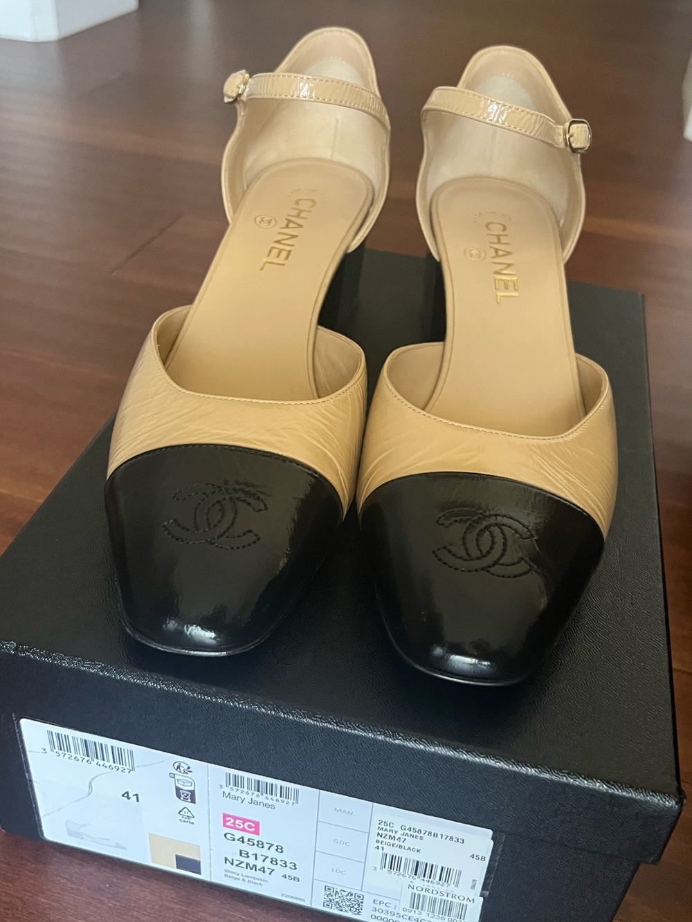 CHANEL Beige and Black Cap-Toe Slingback Heels